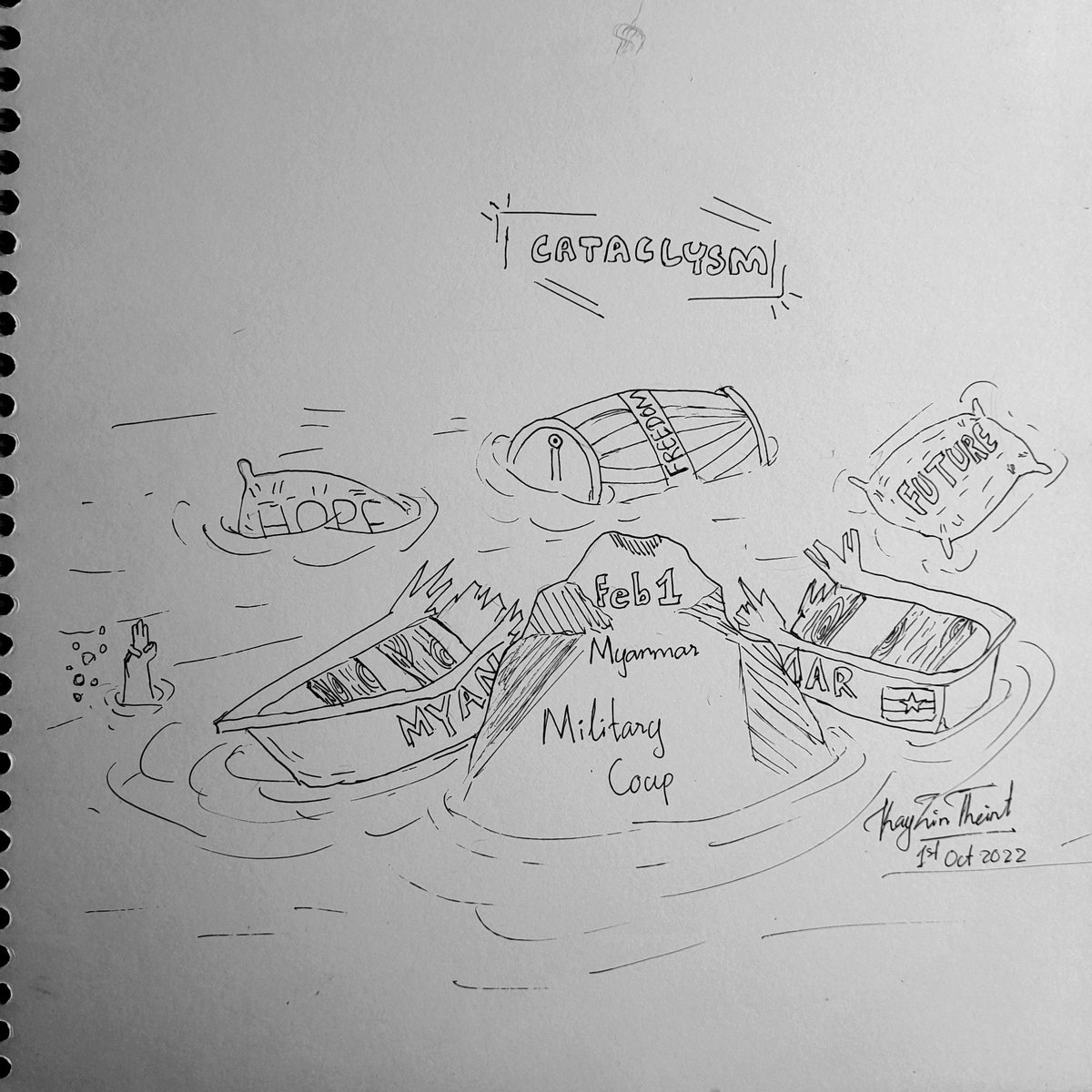 ArtjourneybyKit's tweet photo. "Revotober"
Prompt:Cataclysm
Revotober is a campaign hosted by Myanmar Local Arts And Comics which is inspired from Inktober challenge.
Our military coup was started over 1 year ago and still continue in various ways.
#revotober 
#revotoberday1
#cataclysm 
#myanmarmilitarycoup https://t.co/wqJvLhoIg3