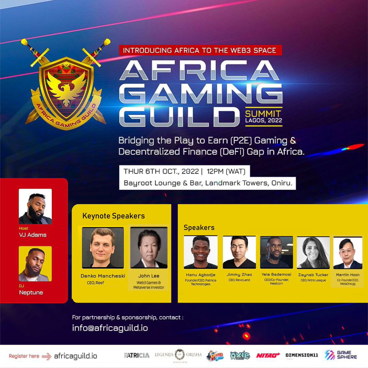 Africaguild's tweet photo. The biggest DeFi and GameFi event in Africa is coming to Nigeria this October.

I present to you our speakers 
@denkomancheski 
@Fejizzy
@theycallmezou
@YeleBademosi 
@Marrtinmetaone
@jz_zbx 
Follow us @Africaguild and reserve a free seat via the link in bio https://t.co/KwYkLhZXHA