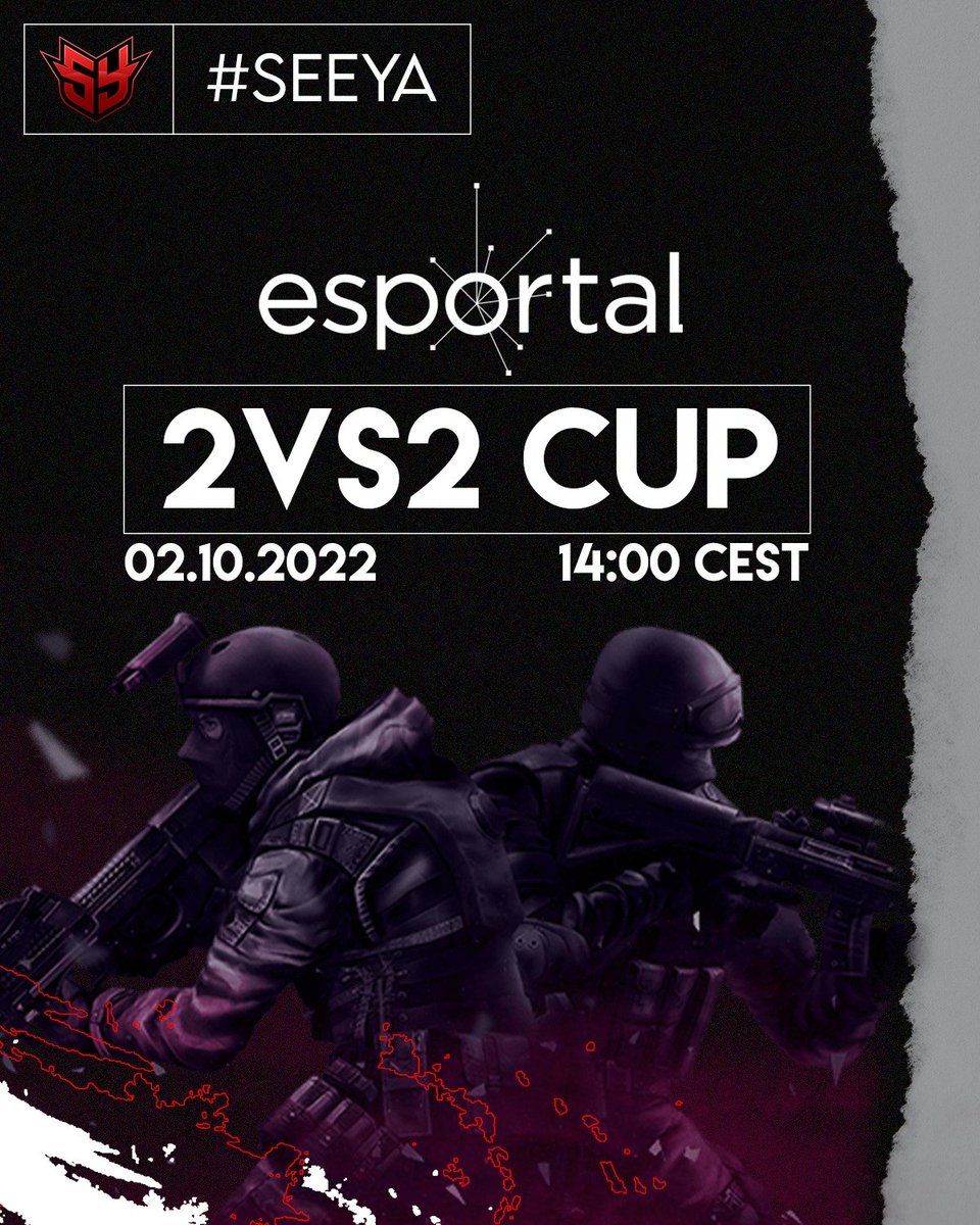 !!!REMINDER!!!

Wir veranstalten mit unserem Partner 
<a href="/EsportalGER/">esportalGER</a> einen 2 vs 2 Cup!

Also schnapp dir deinen besten M8 und sei dabei!

⏬⏬Anmelden⏬⏬
➡️esportal.com/de/tournament/…
📅02.10 14Uhr

#SEEYA #FÜRDACHCS #tournament