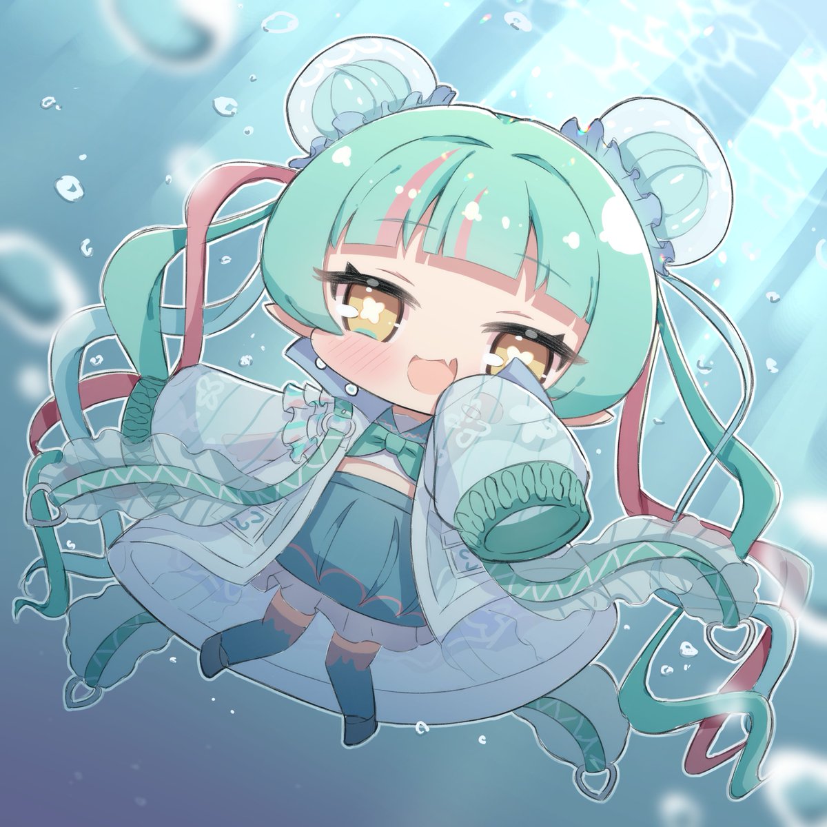 1girl double bun solo hair bun chibi fang green hair  illustration images