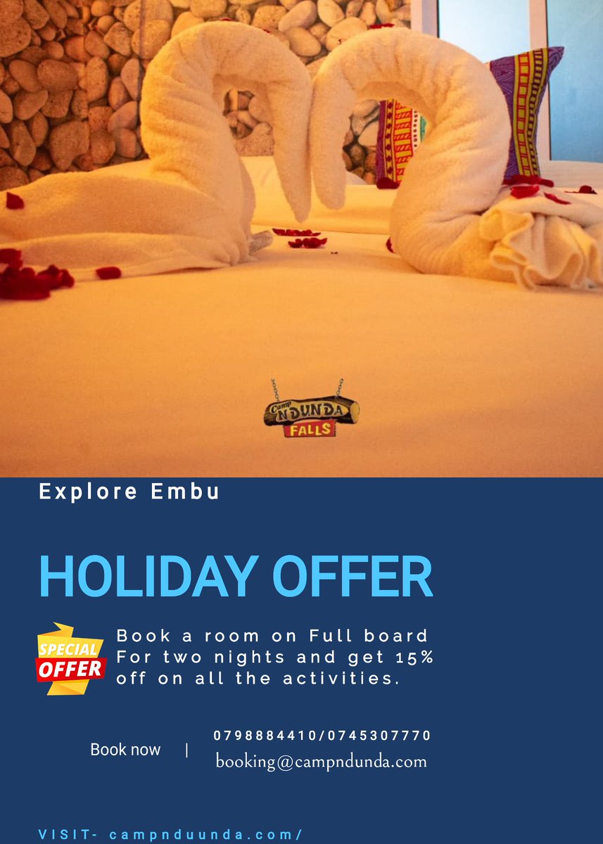 NdundaCamp's tweet photo. Be our guest this holiday- Explore Embu
Fun and Cozy is our description.

Contact us via 0798884410/0745307770 or booking@campndunda.com

#cozy #roomdecor #accomodation #exploreembu #happymoments #offer #adventure #outdoors #happyweekend #traveladdict #funtimes https://t.co/f75sGNHTrW