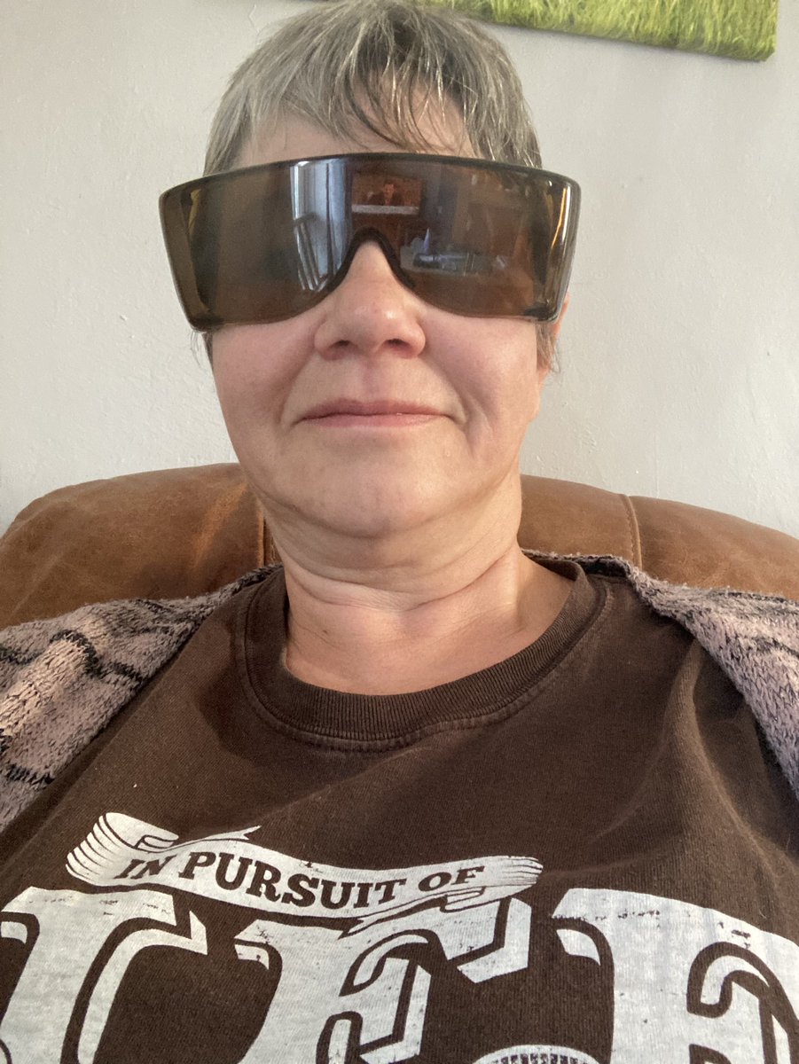 Cane_Mabel's tweet photo. The day after #cataract surgery. Pirate Patch Off, eyedrops in, dark specs on. Feeling okay https://t.co/0hq1vSNze9