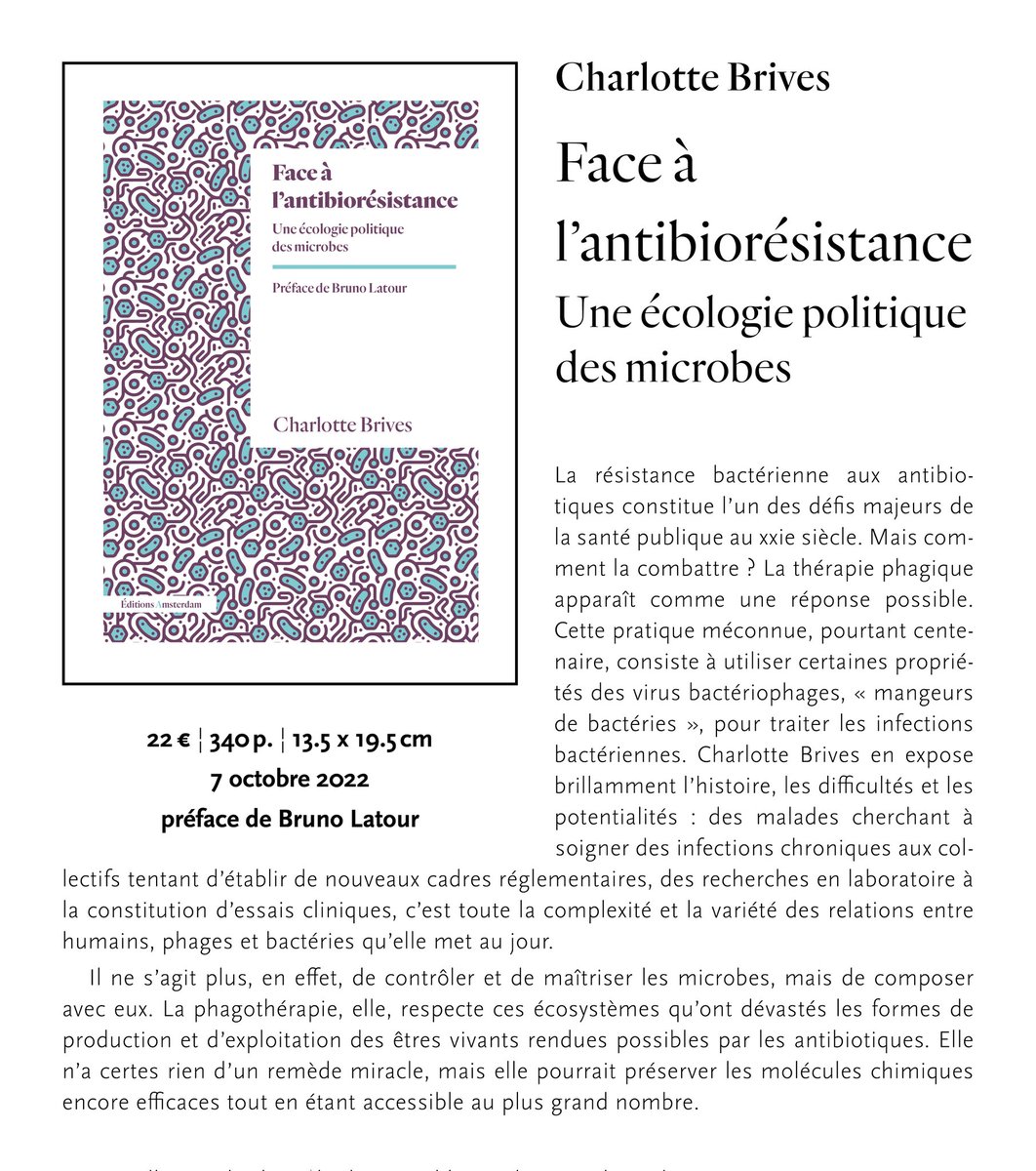 J'aurai la joie de présenter mon livre, Face à l'antibioresistance, une écologie politique des microbes, à paraître aux @amsterdam_ed le jeudi 6 octobre 2022 à la librairie @LNordest. Au plaisir de vous y retrouver!