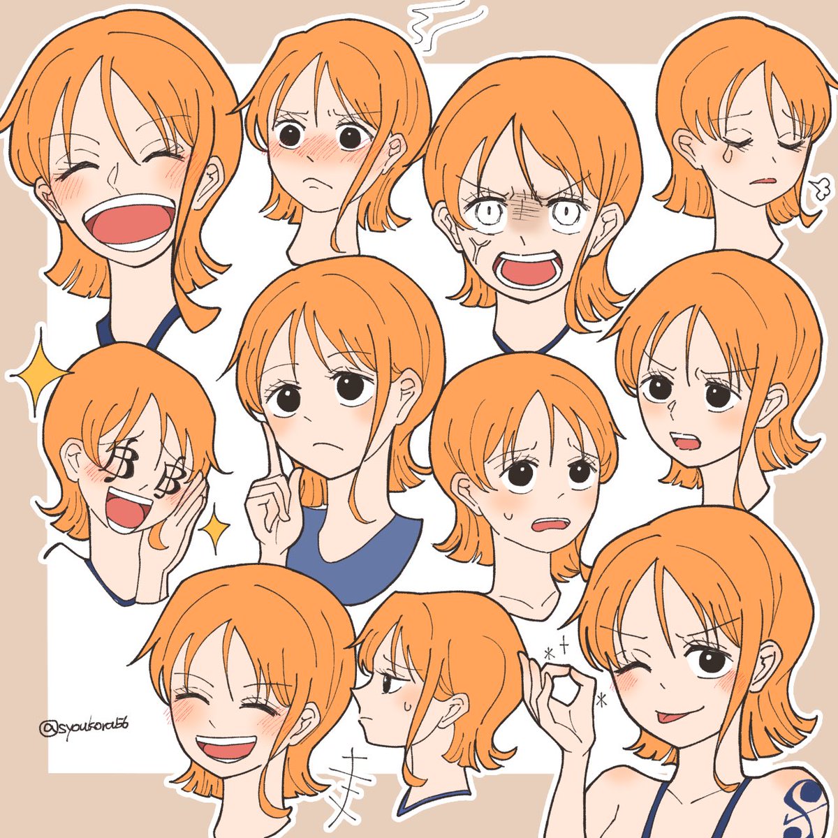 nami (one piece) 1girl expressions orange hair tongue multiple views smile angry  illustration images