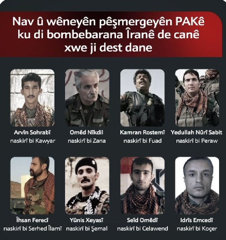 BiroMehmud's tweet photo. Kurdistan azadi parti "PAK" har erklart at 8 av deres peshmarga mistet liv etter et missilangrep fra iranske regime.

#Evighet for martyrene
Skam og død til mullaenes regime i Teheran. https://t.co/Uvo9M1tOQ8