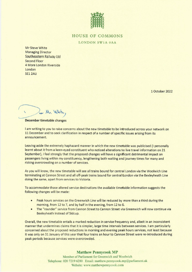 mtpennycook's tweet photo. Southeastern’s December timetable changes will have a significant detrimental impact on local passengers, reducing the choice of London terminals, lengthening waiting and journey times, and risking overcrowding on peak services.

My letter to Managing Director, Steve White 👇🏻 https://t.co/e2mDuQv5U9