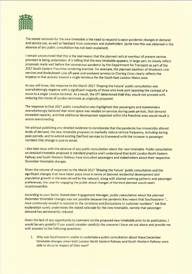 mtpennycook's tweet photo. Southeastern’s December timetable changes will have a significant detrimental impact on local passengers, reducing the choice of London terminals, lengthening waiting and journey times, and risking overcrowding on peak services.

My letter to Managing Director, Steve White 👇🏻 https://t.co/e2mDuQv5U9