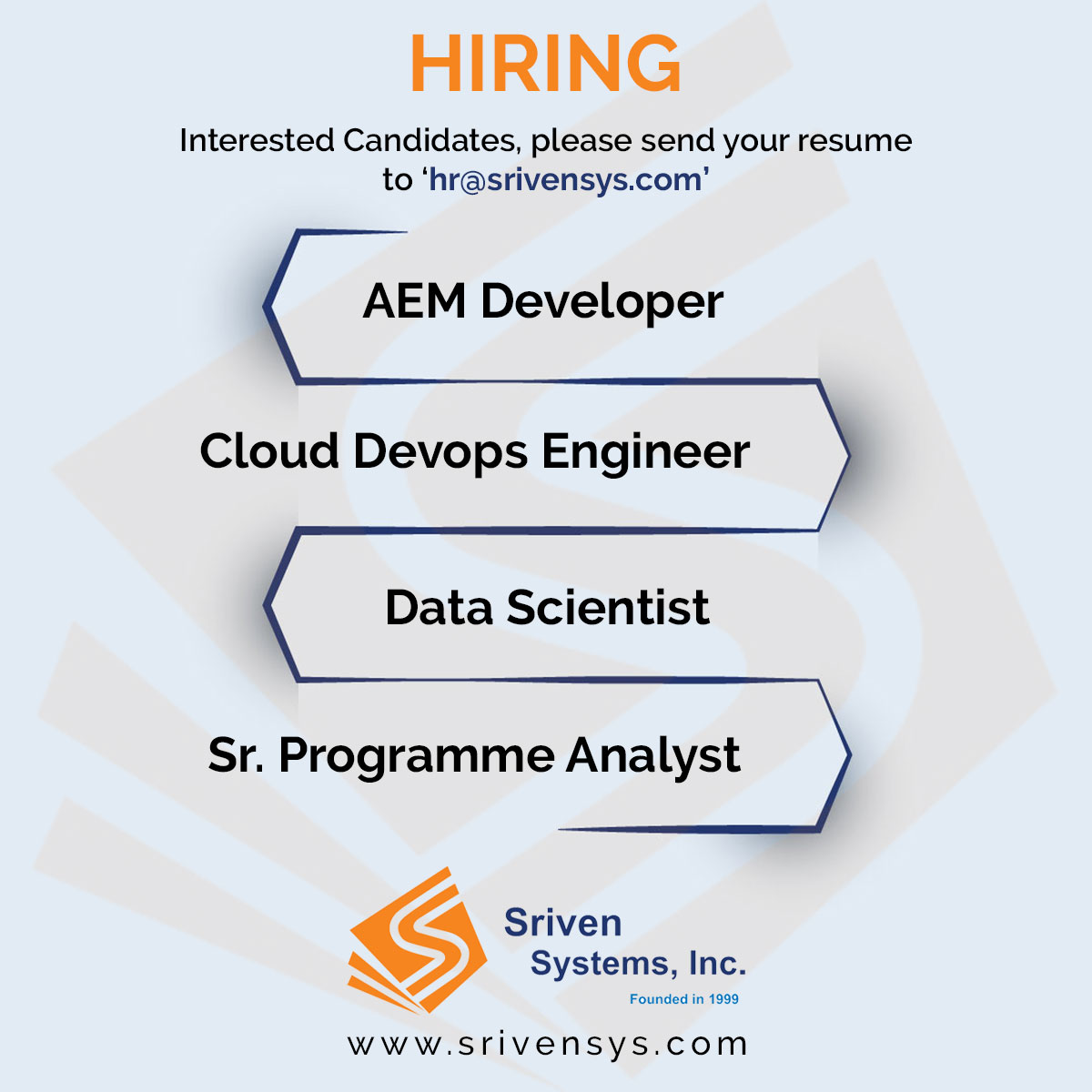 srivensystems's tweet image. WE ARE HIRING 

The job positions 

AEM Developer
Cloud Devops Engineer
Data Scientist
Sr. Programme Analyst

Interested candidates, please send your resume to hr@srivensys.com

#hirng #job #aemdeveloper #datascientist #candidates #jobpositions #analyst