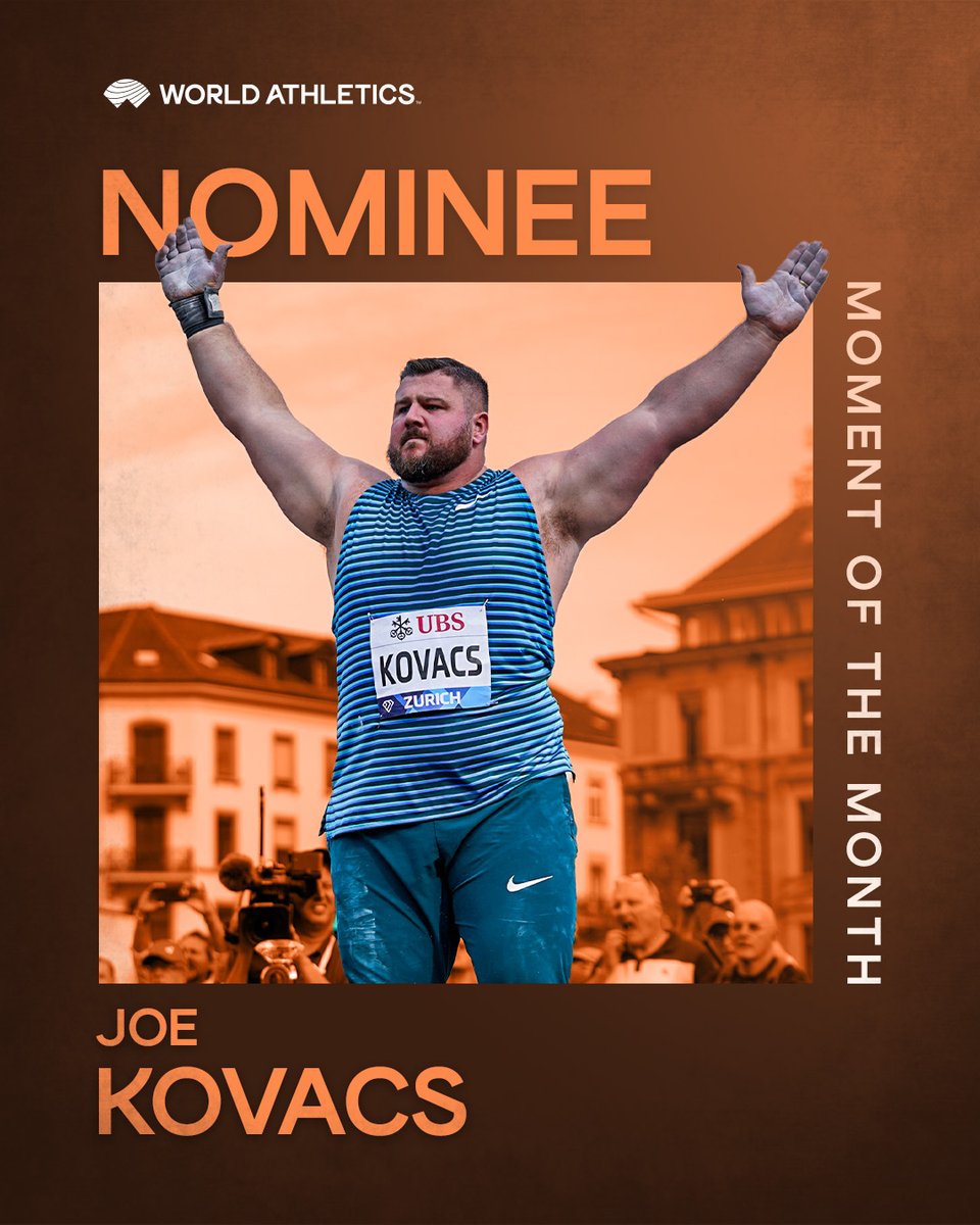 WorldAthletics's tweet photo. 🔄Retweet to vote for @JoeKovacsUSA's🇺🇸23.23m shot put @Diamond_League record at the @WeltklasseZH that moved him up into second place on the all-time list. https://t.co/XnH5jPYO4q