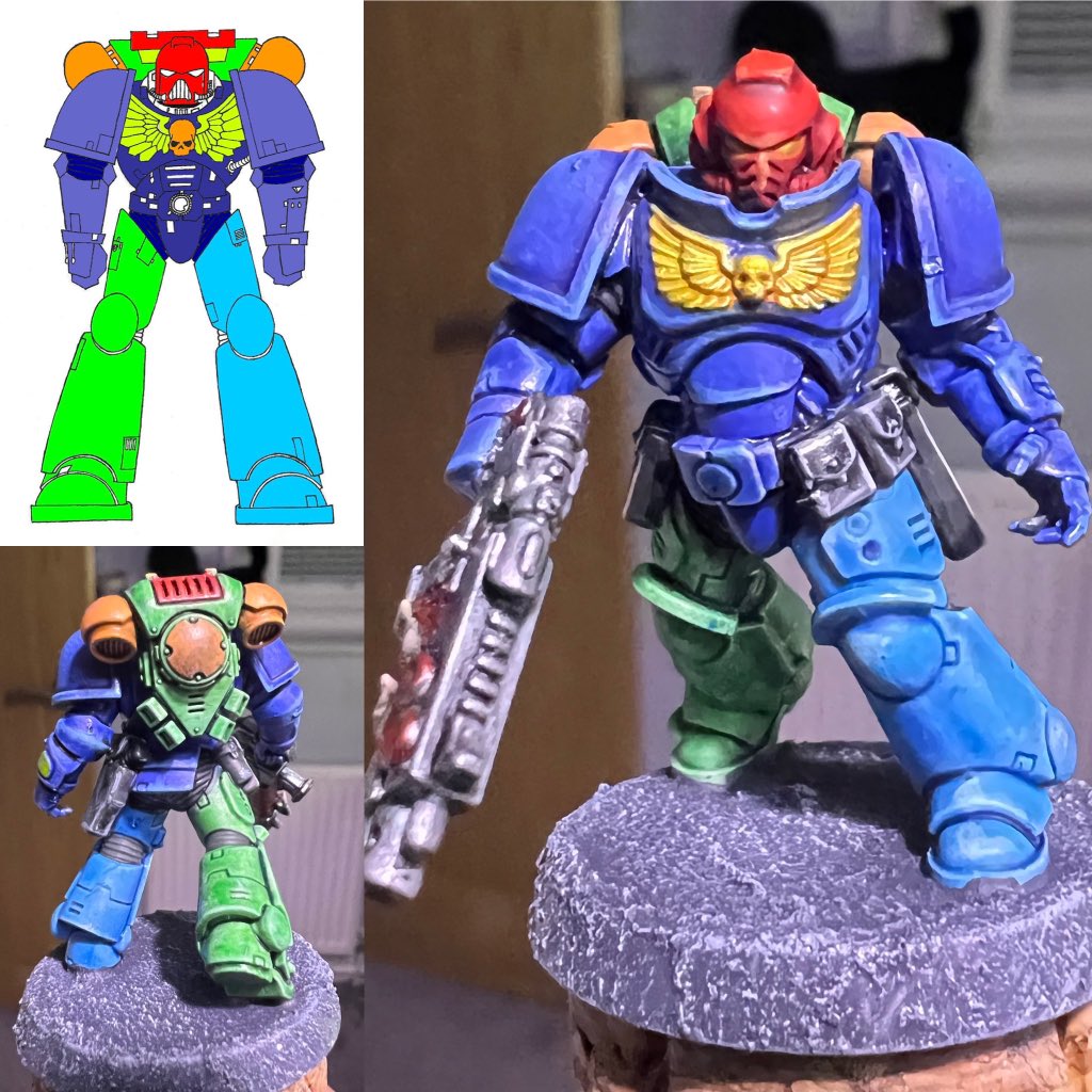 MightySi's tweet photo. Got around to introducing my new kids to the wonderful world of #warhammer40k. They each made a colour scheme and I painted them a figure each. https://t.co/9TX1SAVJ6c