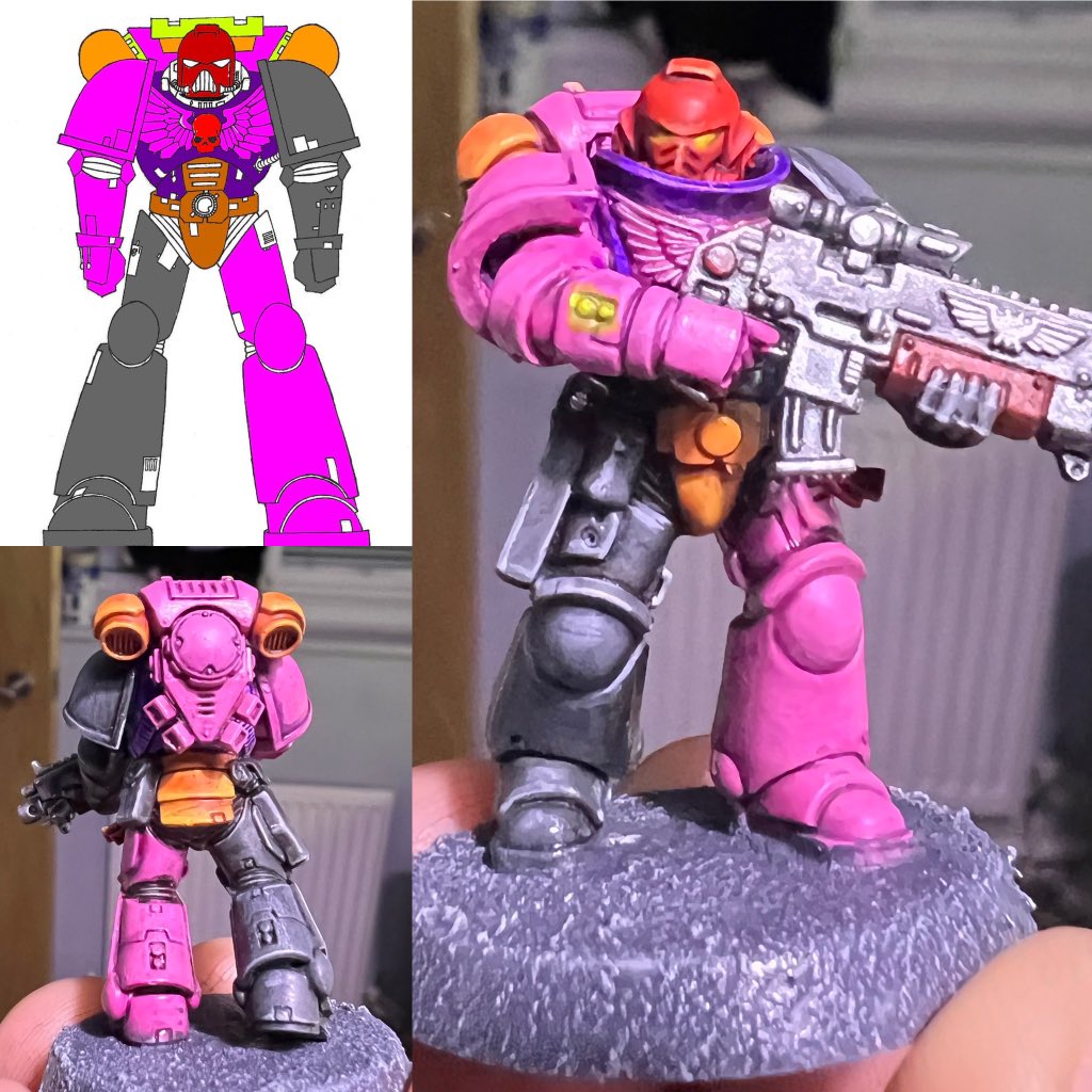 MightySi's tweet photo. Got around to introducing my new kids to the wonderful world of #warhammer40k. They each made a colour scheme and I painted them a figure each. https://t.co/9TX1SAVJ6c