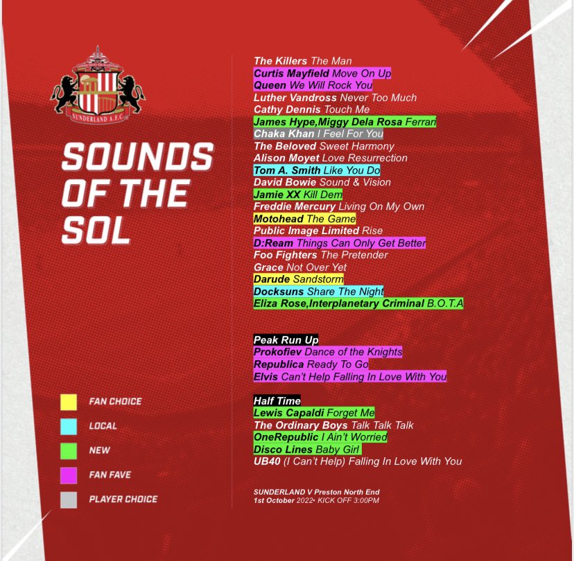 Today’s #soundsofthesol for @SunderlandAFC @StadiumOfLight v @pnefc feat @luthervandross @foofighters @ChakaKhan @LewisCapaldi and local talents @tomasmithmusic @DOCKSUNS