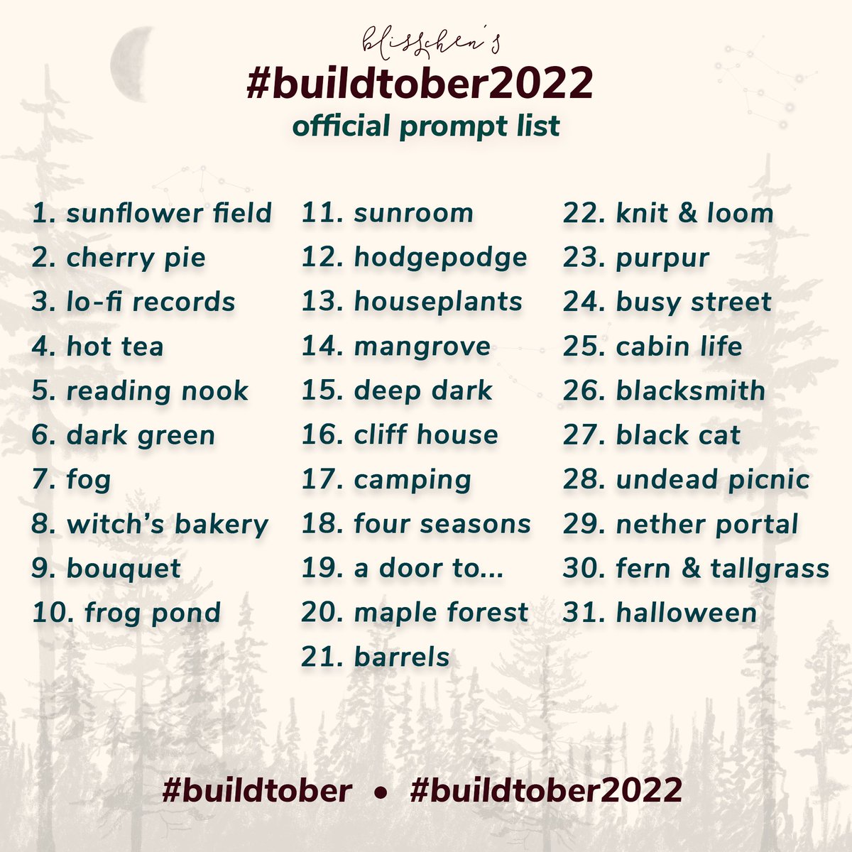 Blisschen_'s tweet photo. 👻 It's been brewing all year, so let's have a spooky autumn #buildtober with the prompt list for 2022! 🎃🍁

Remember to tag your builds on social media with #buildtober and #buildtober2022 and to visit the community on Discord here: https://t.co/ntLRhAqdxl https://t.co/9OBNR1uG5p