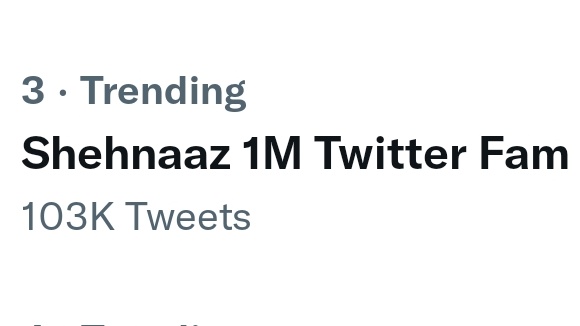 "Shehnaaz 1M Twitter Fam " Trending at no. 3  with 103k tweets
#ShehnaazGill