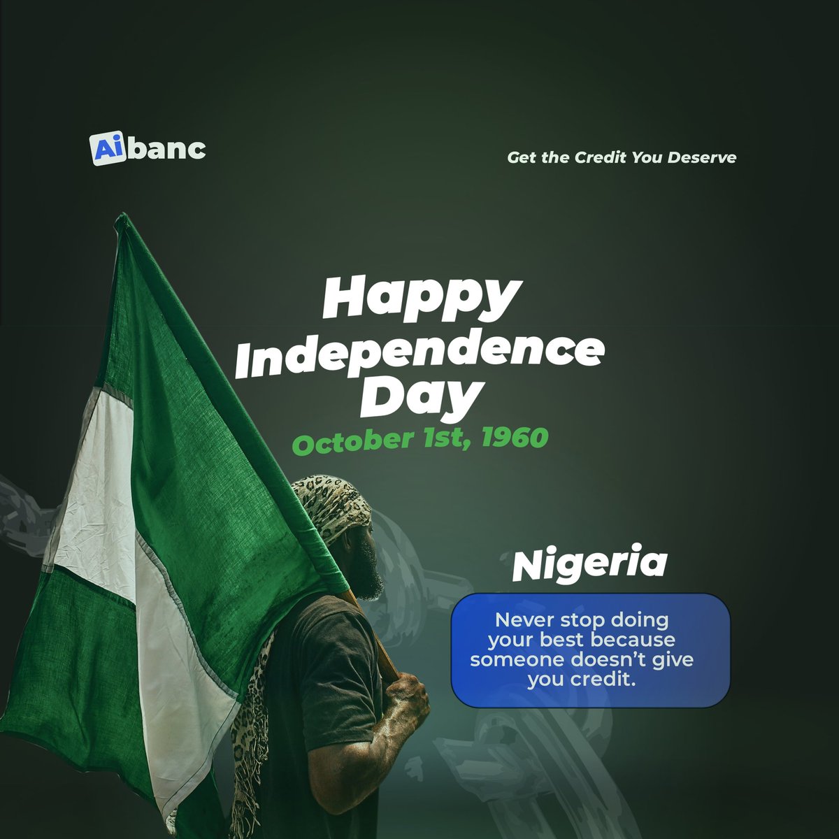 Happy Independence Nigeria ❤️❤️

#aibanc #getthecredityoudeserve #mondaymotivation #mondaymorning #motivationalquotes #mondaymotivation #motivation #creditservice #credit #loans #loan #loansnigeria #personalfinance 