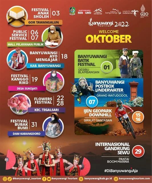 EventBwi's tweet image. From @banyuwangi_tourism Welcome to Oktober! Banyuwangi Festival akan kembali siap menemani hari harimu di sepanjang Bulan Oktober.

Akan banyak event yang tentunya menarik dan menghibur bagi seluruh masyarakat Indonesia, bukan hanya di Banyuwangi. Oktob… instagr.am/p/CjKkltjp7hu/