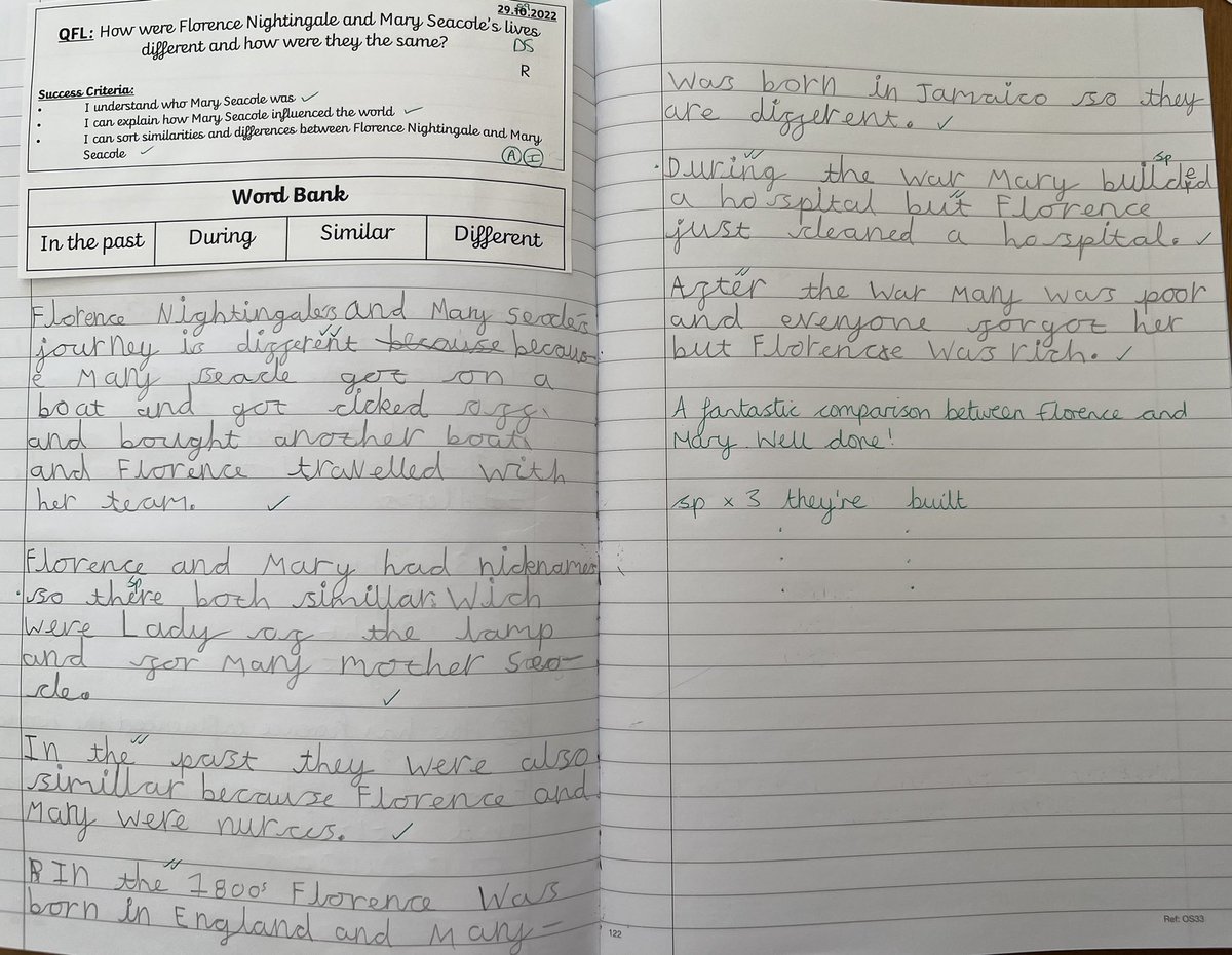 MrsDSperrin's tweet photo. Saturday morning marking… it has been an absolute pleasure reading Year 2’s work on Florence Nightingale  &amp; Mary Seacole. I am so impressed with their fantastic use of comparative language &amp; historical vocabulary. Well done 2S!👍🏻☺️ @Birchfield_Sch https://t.co/PXdkxHNwFu