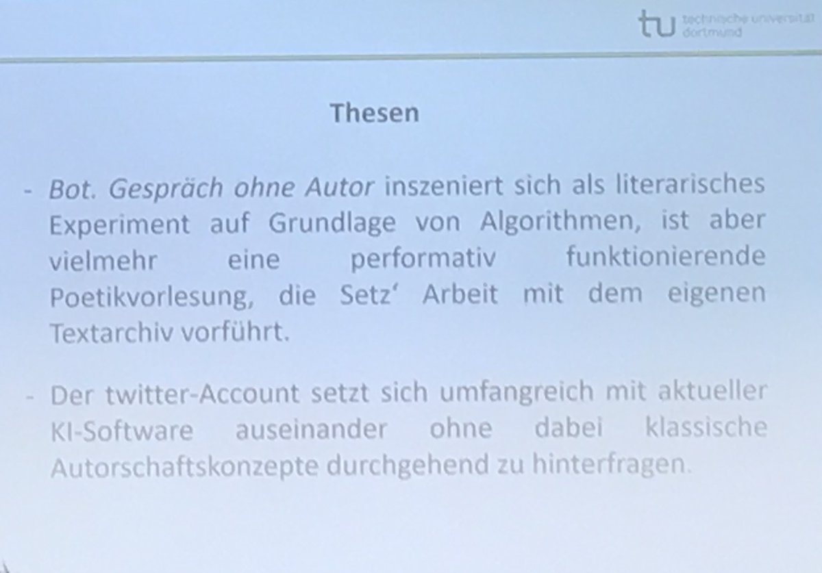 NetzLW's tweet photo. Dann sprach Jano Sobottka über „Bot.Gespräch ohne Autor“ von @clemensetz und gab Hinweise aus einem Seminar über #UnkreativesSchreiben. Ein gutes Beispiel für die Verknüpfung von #DigiLit-Analyse und der Reflexion über didaktische Effekte. (3/5)
#Germanistiktag2022 #NetzLW https://t.co/1HcNVdkFIz