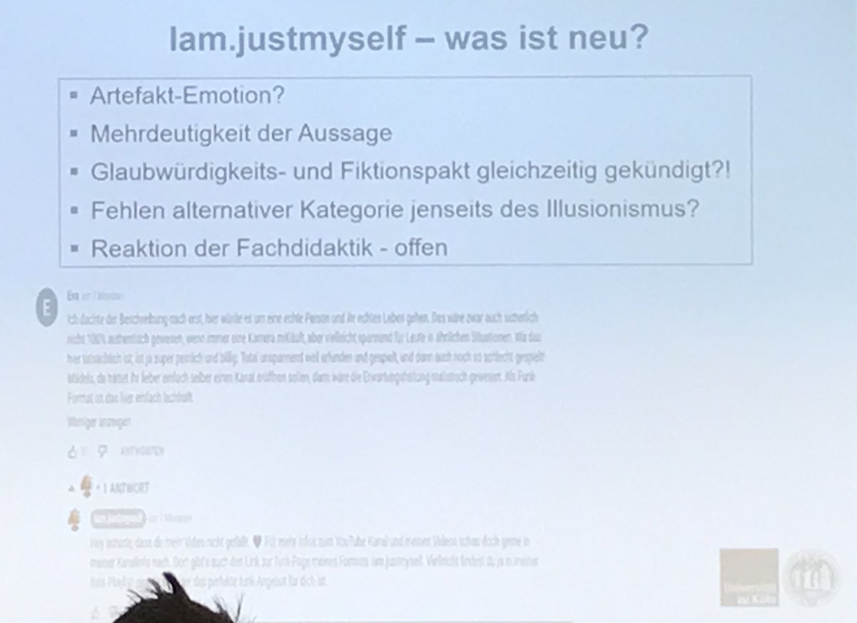 NetzLW's tweet photo. @KonyaJobs sprach dann über die „Kommentarkultur zur Real-Soap-Reihe ‚IAM.JUSTMYSELF‘“. Auch dieser Vortrag verknüpfte eine Reflexion über die Soap selbst mit empirischen Analysen zur Rezeption und einem Nachdenken über die didaktischen Implikationen. (4/5) https://t.co/YFr8O1Shju