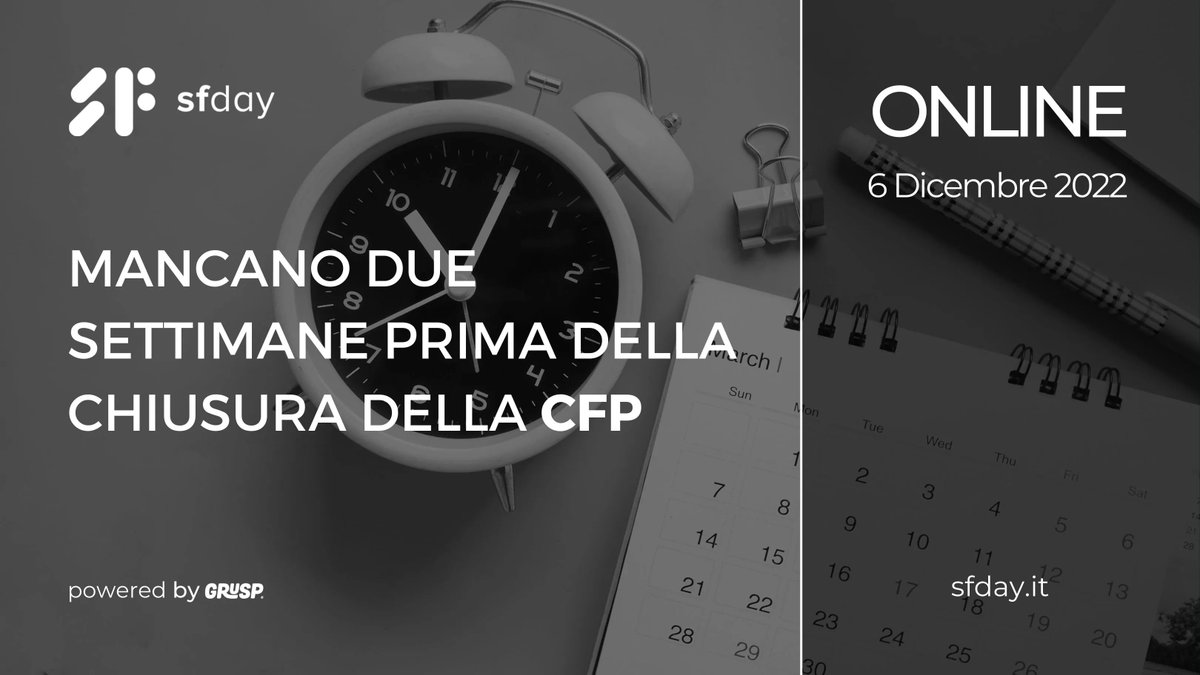 Sono rimaste solo 2 settimane per poterti candidare come speaker di #sfday :buff.ly/3RkkXUR 

La #CFP chiude il 15.10.22

Ci vediamo📍 Online il 📅 06.12.22
🎫 buff.ly/3L3ki84

<a href="/grusp/">GrUSP</a> #sfday #symfony #php