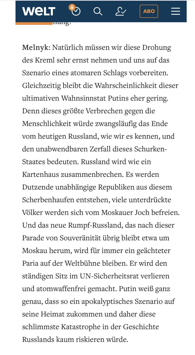 Meine Prognose für Russlands düstere Zukunft: dieser Schurken-Staat wird wie ein Kartenhaus zusammenbrechen, es werden Dutzende unabhängige Republiken entstehen, unterdrückte Völker werden sich vom Moskauer Joch befreien. Rumpf-Russland wird atomwaffenfrei welt.de/politik/auslan…