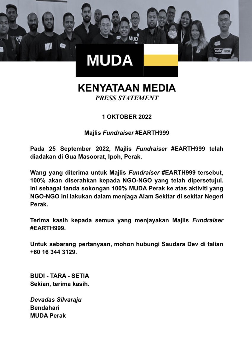 partimudaperak's tweet photo. Kenyataan Media 1 Oktober 2022 - Majlis Fundraiser #EARTH999
#mudaperak https://t.co/O5qJHvkKVd