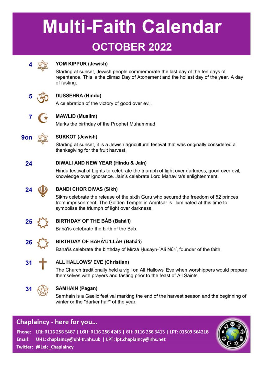 Leicester Chaplaincy (@leic_chaplaincy) on Twitter photo Here is the Multi-Faith Calendar for October. <a href="/Leic_hospital/">Leicester's Hospitals</a> <a href="/LPTnhs/">Leicestershire Partnership NHS Trust</a> Here is the Multi-Faith Calendar for October. <a href="/Leic_hospital/">Leicester's Hospitals</a> <a href="/LPTnhs/">Leicestershire Partnership NHS Trust</a>