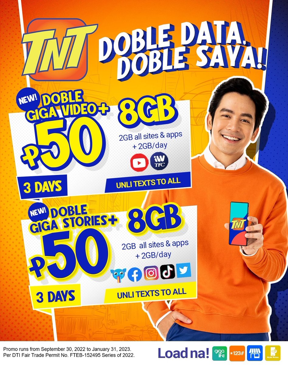 Doble data na, doble saya pa! San ka pa, KaTropa? Sulitin ang P50 mo sa bagong #TNTDobleGigaPlus! Visit smrt.ph/tntdoblegigapl… to learn more.