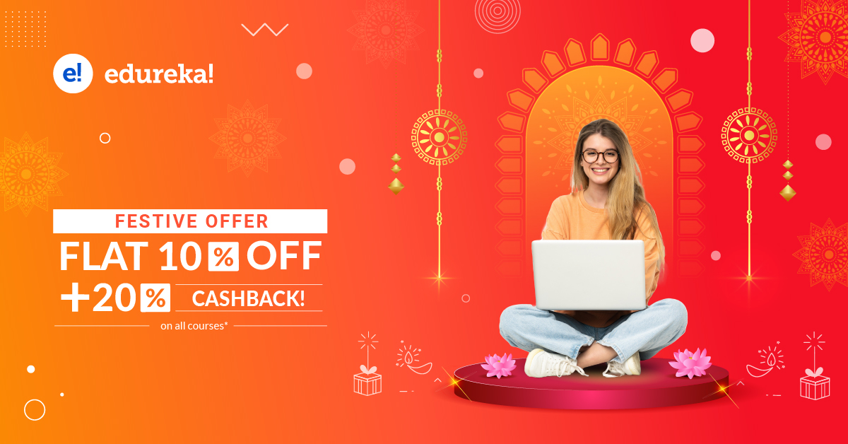 edurekaIN's tweet image. We are excited to announce our Festive offer. Get  Flat 10% + 20% Cashback on all our courses @ bit.ly/3e4jC62. Offer valid only from 1st and 2nd October. Hurry up now!
.
.
.
#Edtech #Elearning #Oninelearning #Onlinelearningplatform #Careerdevelopment #Discount #Sale