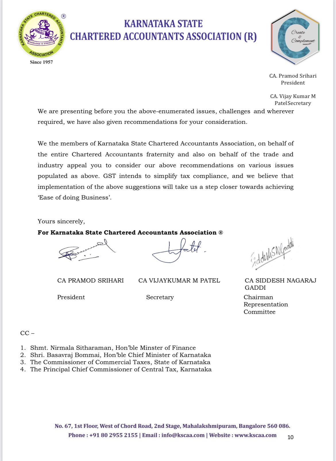 Karnataka State Chartered Accountants Association on Twitter "KSCAA has submitted one more