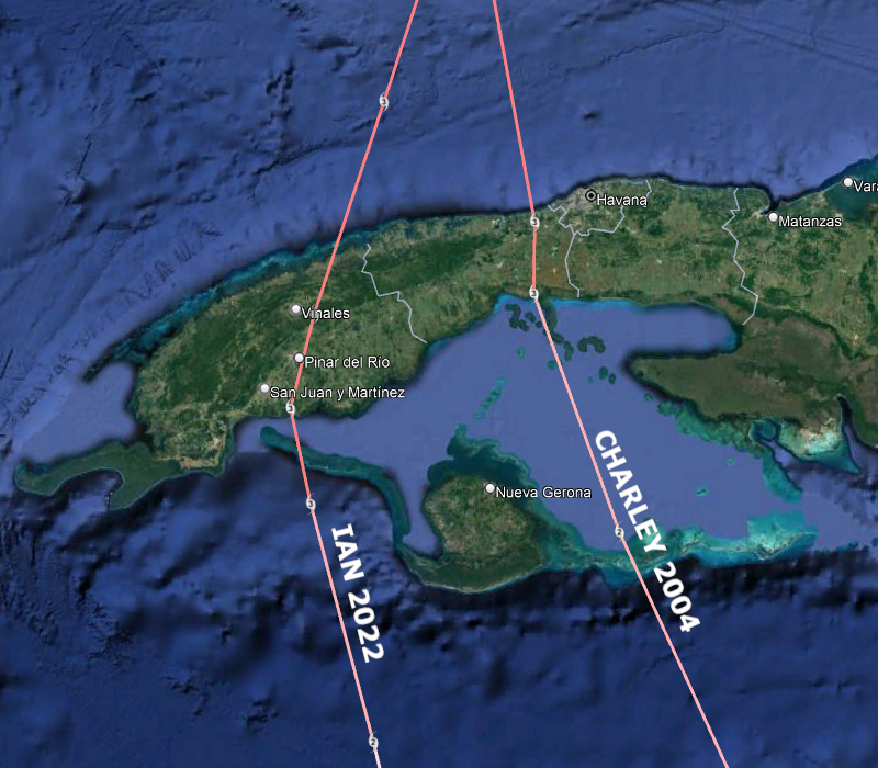 BMcNoldy's tweet photo. For posterity, the full tracks of #Charley 2004 and #Ian 2022, with zooms on their three landfalls, two of which were at identical locations.  Pretty bizarre.
Both were Category 3 hurricanes at #Cuba landfall, Cat 4s at #Florida landfall, Cat 1s at #SouthCarolina landfall. https://t.co/dvAsyvF6Y9