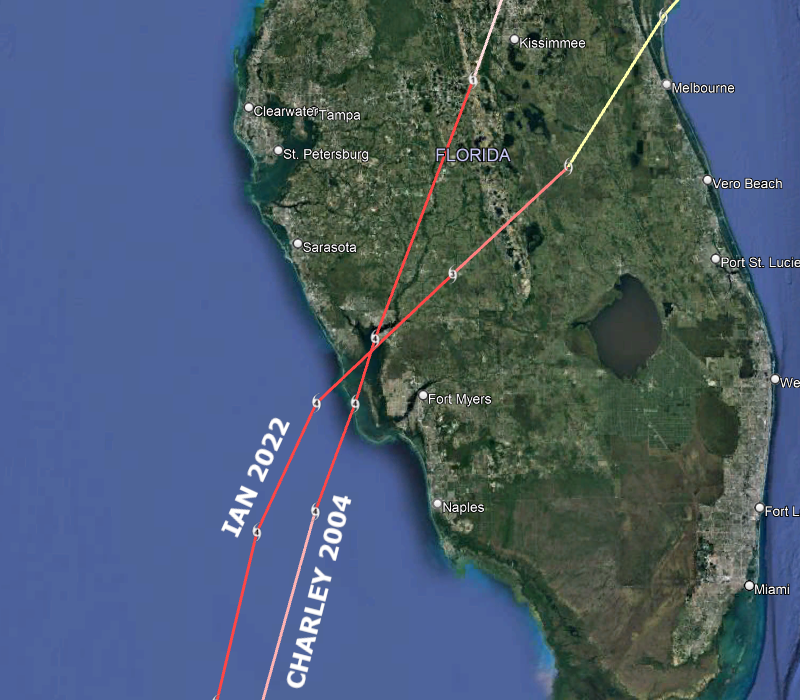 BMcNoldy's tweet photo. For posterity, the full tracks of #Charley 2004 and #Ian 2022, with zooms on their three landfalls, two of which were at identical locations.  Pretty bizarre.
Both were Category 3 hurricanes at #Cuba landfall, Cat 4s at #Florida landfall, Cat 1s at #SouthCarolina landfall. https://t.co/dvAsyvF6Y9