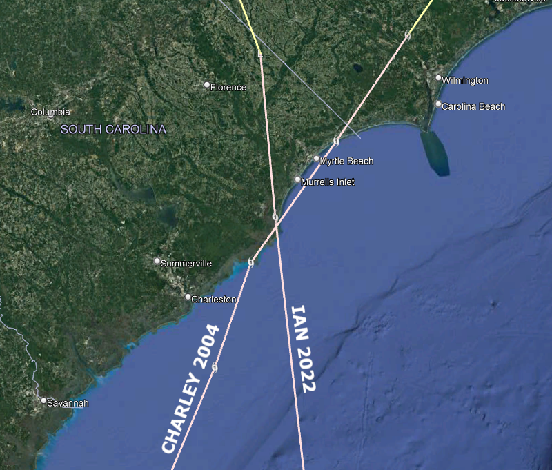 BMcNoldy's tweet photo. For posterity, the full tracks of #Charley 2004 and #Ian 2022, with zooms on their three landfalls, two of which were at identical locations.  Pretty bizarre.
Both were Category 3 hurricanes at #Cuba landfall, Cat 4s at #Florida landfall, Cat 1s at #SouthCarolina landfall. https://t.co/dvAsyvF6Y9