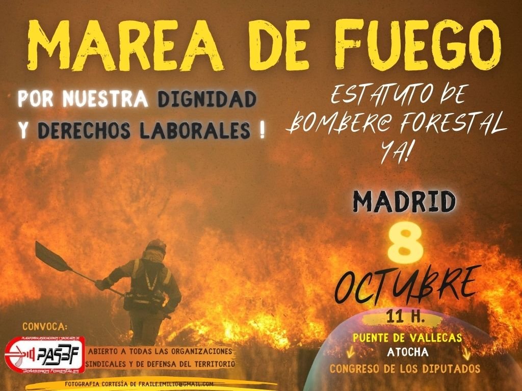 PASBF's tweet photo. 8 días para inundar las calles de bomberos y bomberas forestales.
Desde la organización agradeceríamos q estuvieseis en Metro Puente de Vallekas sobre las 10:00h para organizar los bloques de la manifestación.
8 de octubre
#MareaDeFuego
#YoVoy 
#EstatutoBBFFYa https://t.co/3DJr1XIW4v