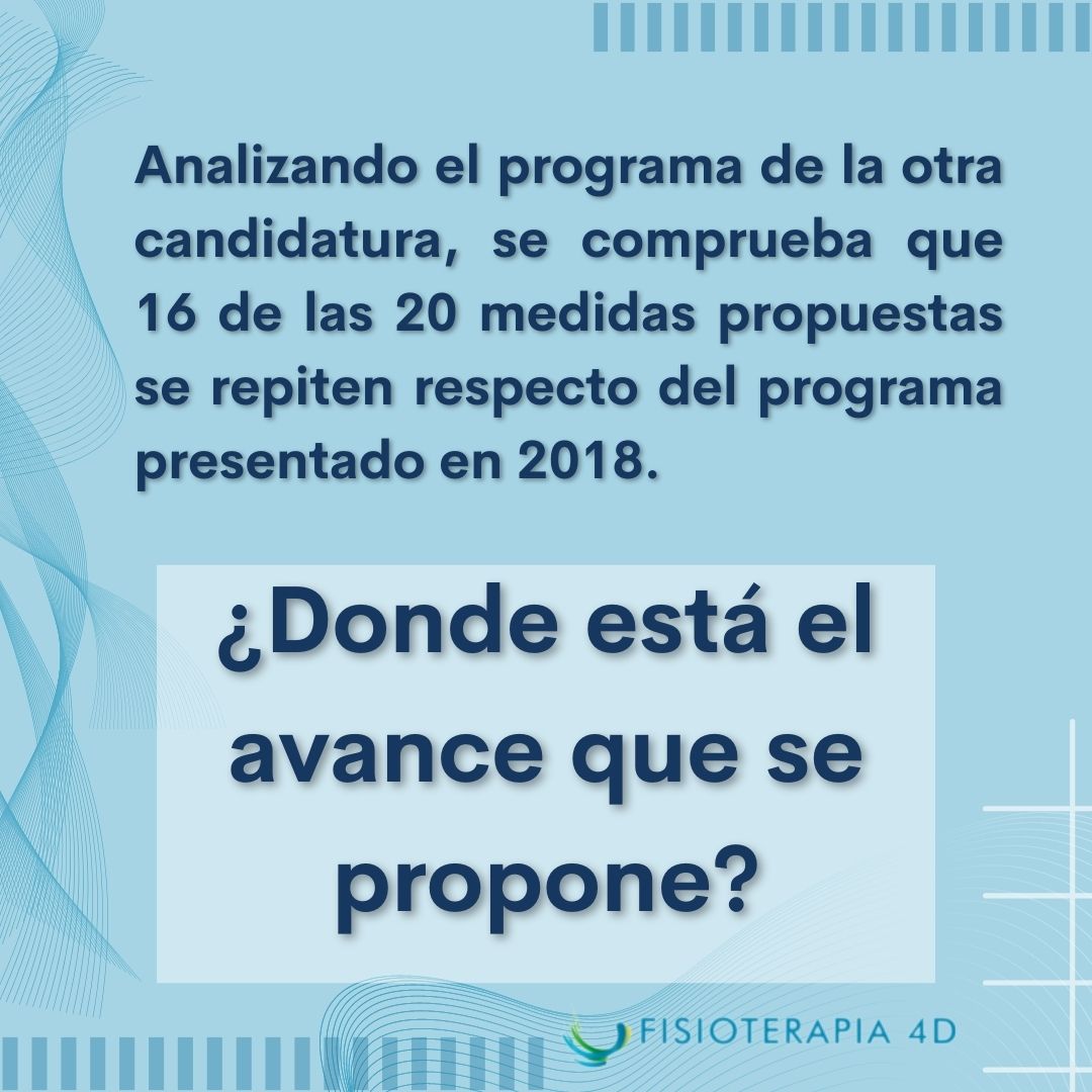 #Fisioterapia4D hemos analizado el programa electoral de la otra candidatura y lo hemos comparado con el programa electoral que presentaron hace 4 años.

Aquí os presentamos conclusiones que resultan muy aclaratorias sobre el grado de cumplimiento de los compromisos adquiridos.