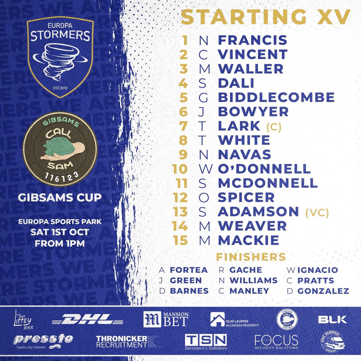 europastormers's tweet photo. It's @gibsams Cup day! so here's your Europa Stormers starting line-up for todays fixtures. The boys are fired up and ready to go.

#WeAreStormers
#MentalHealthMatters 
#Gibraltar https://t.co/AL2eJ5gE43