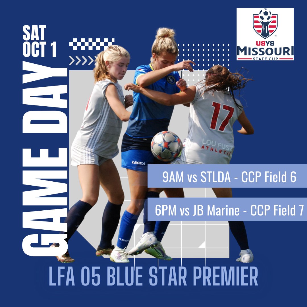 State Cup Game Day!
Game One
🆚STLDA
⏰9AM
📍Creve Coeur Soccer Complex, Field 6
👕Grey Kit

Game Two
🆚JB Marine Thunder
⏰6PM
📍Creve Coeur Soccer Complex, Field 7
👕Navy Kit
Let's Go Fusz!
<a href="/LouFuszSoccer/">Lou Fusz Soccer Club</a>