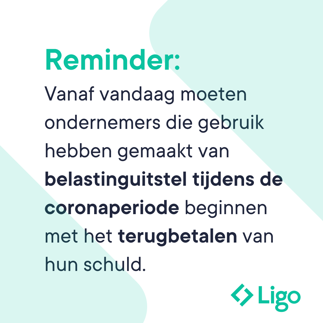 Heb je gebruik gemaakt van belastinguitstel tijdens de coronaperiode? 

Dan moet je vanaf vandaag, 1 oktober, beginnen met het terugbetalen van die belastingschuld. Je krijgt hiervoor tot uiterlijk 1 oktober 2027.