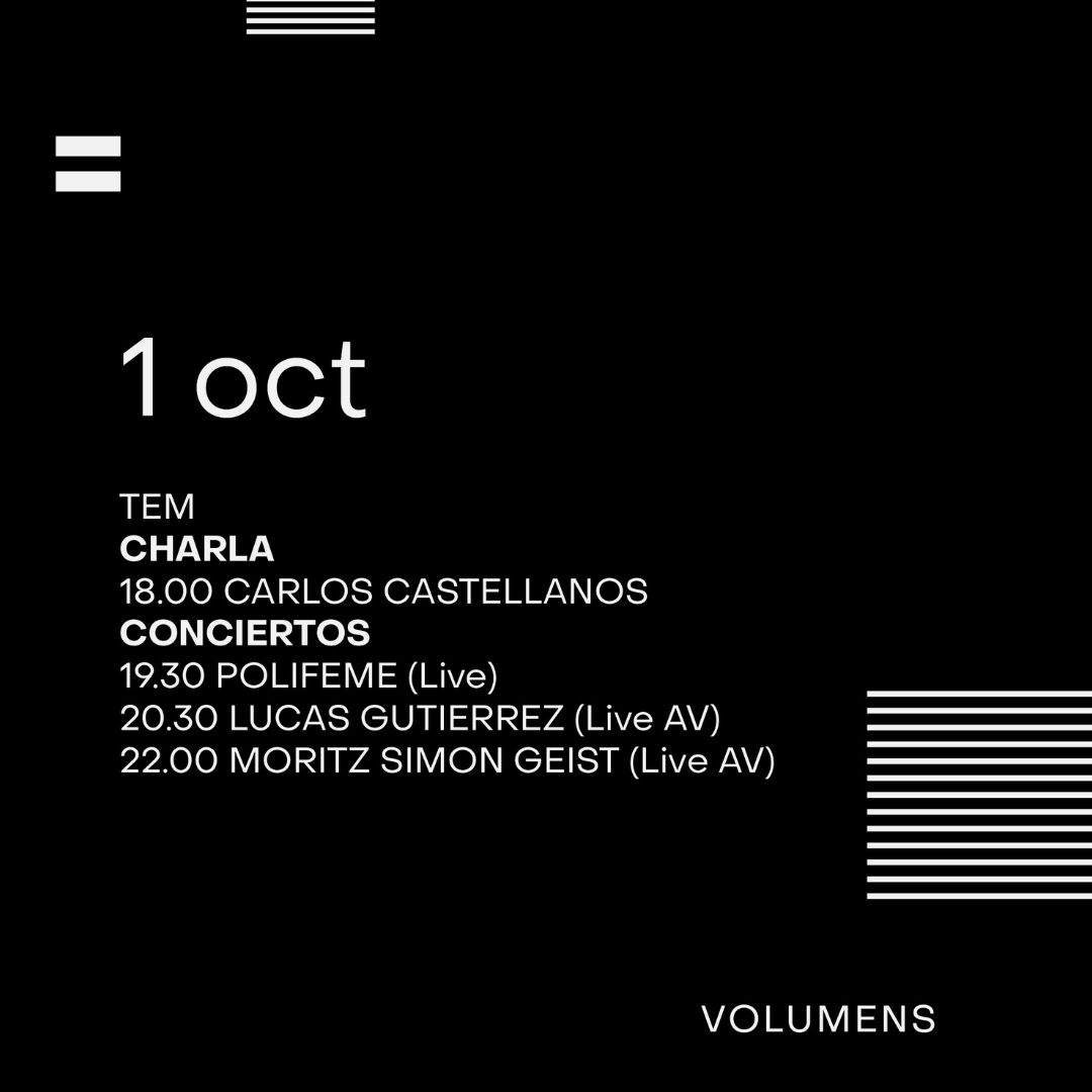 VolumensFest's tweet photo. Esta es la programación #VO6 de hoy en el @TeatreElMusical 
·18:00h- Charla @ccastellanossf sobre su residencia artística en @ARtIBMCP (@IBMCP/@UPV)
·19:30h- #Polifeme  - LIVE
·20:30h- @lucasdgutierrez   - LIVE AV
·22:00h- @simongeist  - LIVE AV

https://t.co/J7n65OBKt9 https://t.co/uwoJtKEsBV