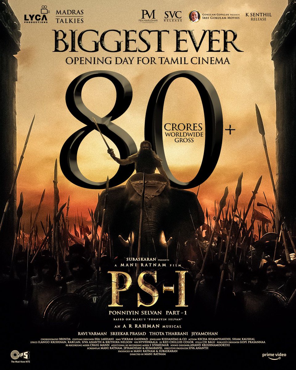 #PonniyinSelvan Part 1 - Biggest Ever Opening Day for Tamil Cinema 🎥💥

1st Day #Worldwide collection - 80cr+ 

#PS1 #PonniyinSelvan1 #PonniyinSelvanFDFS #PonniyanSelvan #ChiyaanVikram #Karthi #AishwaryaRaiBachchan #TrishaKrishnan #JayamRavi #ManiRatnam #MadrasTalkies