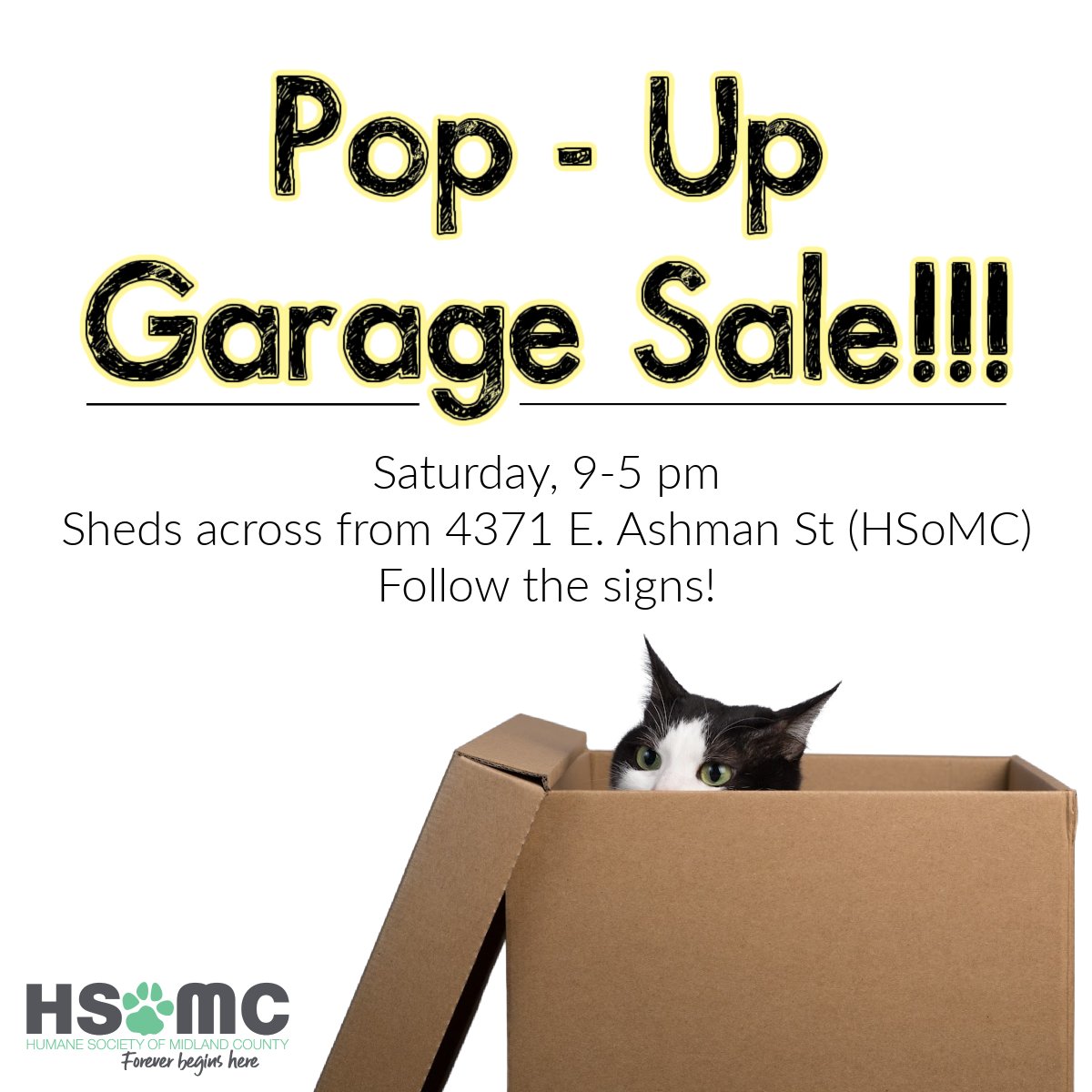 HSoMC's tweet photo. POP - UP GARAGE SALE!!

Saturday, October 1st from 9-5 pm!  Taking place in the sheds across the street from HSoMC on E. Ashman St, Midland.  Follow the signs!  We've got leftover sale items from the past and it's time to clean house!

#garagesale #hsomc #foreverbeginshere https://t.co/2D1hVRp54K