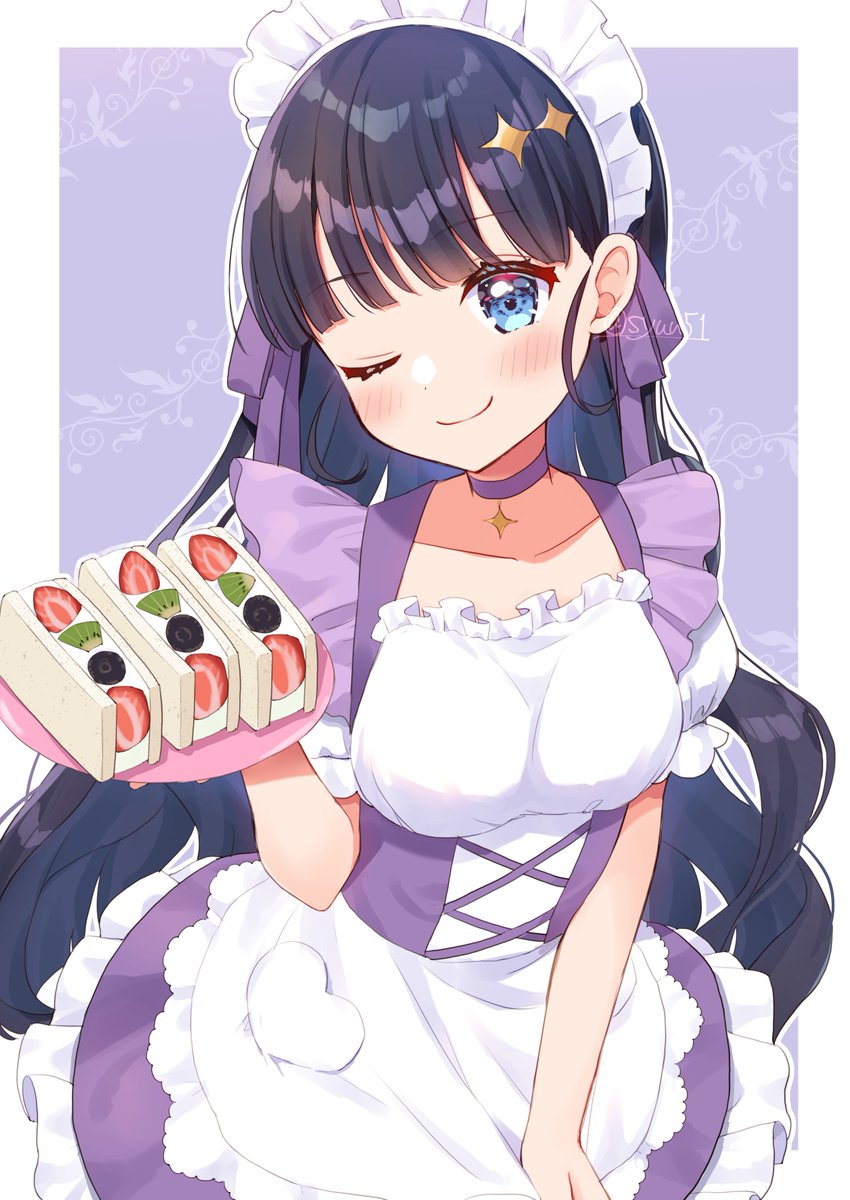 1girl one eye closed solo maid headdress blue eyes smile food  illustration images