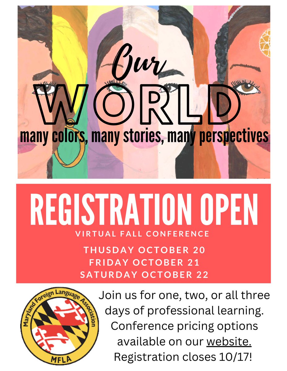 MFLA (@mflamd) on Twitter photo ๐จ๐๐๐๐๐๐๐๐๐๐๐๐ ๐๐๐๐๐จ
VIRTUAL CONFERENCE! Join us for an incredible lineup of presenters at our annual fall conference. Pricing options available on our webpage! Registrations closes on October 17th. Don't delay, register today! mflamd.org/fall-conferencโฆ #langchat ๐จ๐๐๐๐๐๐๐๐๐๐๐๐ ๐๐๐๐๐จ
VIRTUAL CONFERENCE! Join us for an incredible lineup of presenters at our annual fall conference. Pricing options available on our webpage! Registrations closes on October 17th. Don't delay, register today! mflamd.org/fall-conferencโฆ #langchat