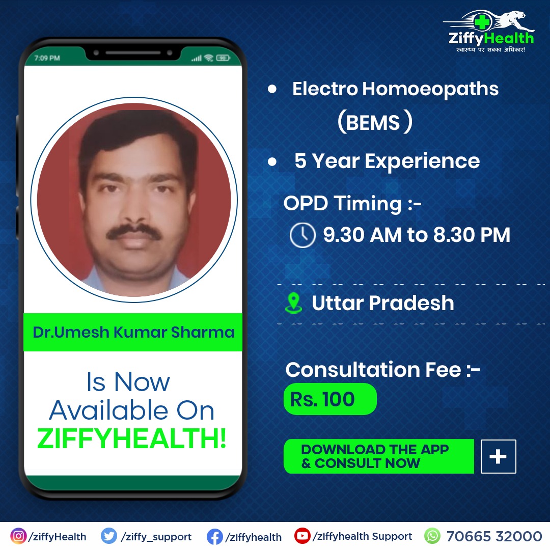Ziffy_support's tweet photo. Welcoming Dr. Umesh Kumar Sharma on ZiffyHealth, a #ElectroHomoepaths (BHMS) with 5 year of experience!

#ZiffyHealth #Doctor #Doctors #DoctorOnboard #IndianDoctor #IndianDoctors #OnlineConsultation #Consultation #Health #HealthTech #MBBS  #DoctorVideoConsult https://t.co/paT0KnzBl2