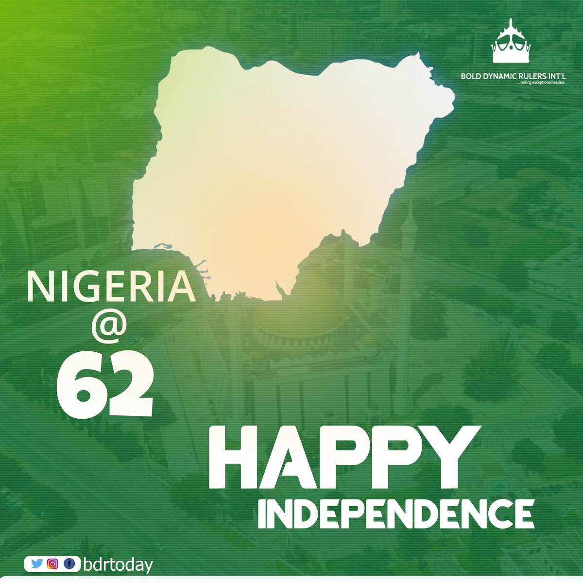 bdrtoday's tweet photo. NIGERIA; Good people, Great Nation!
At BDR, we believe Nigeria will be great again! We believe in the possibility of a better nation! 
When we as compatriots rise to obey the Nation’s call to service, we will be able to birth a better Nation!
Happy Independence Day
#nigeriaat62 https://t.co/R0WYF1jT25