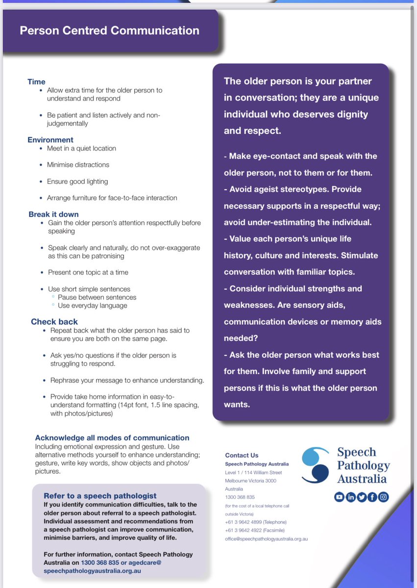 Today is International Day for Older Person. <a href="/SpeechPathAus/">Speech Pathology Australia</a> is expanding public awareness of Speech Pathologists role in supporting #communication in addition to swallowing for #older individuals. Here is a great resource to explain person-centred communication for older people.
