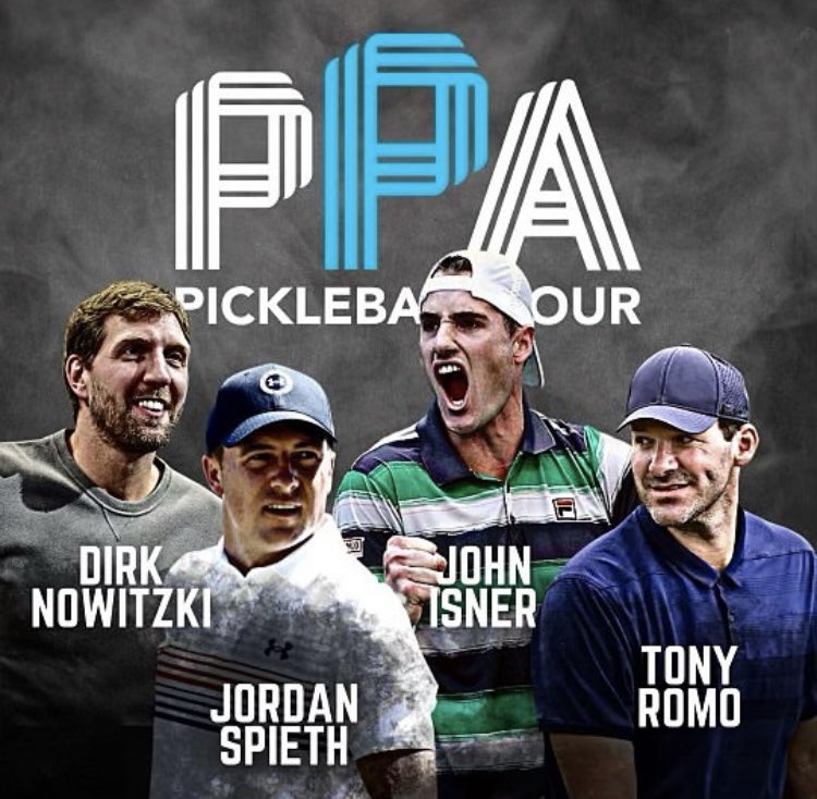 RobinHDunlop's tweet photo. First Brees and Gronk. Then LeBron and Draymond and Love. Now Derk, Spieth, Isner and Romo. Next, @JohnGormleyShow, @Ballantynegolf7, @MKD45 😉#AddictedToPickleball https://t.co/PcPK0gvuOO