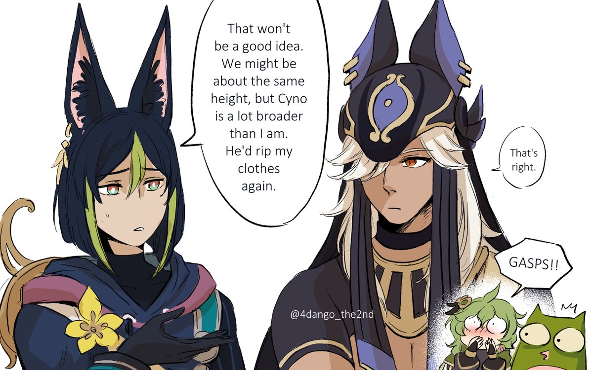 4dango_the2nd's tweet photo. A dumb thought crossed my mind about the level of coverage of Tighnari's and Cyno's outfits https://t.co/ulkC9SCofP