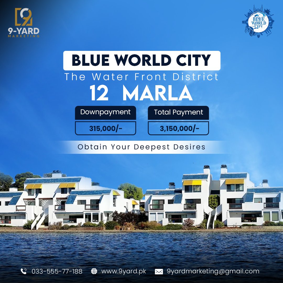 9yardmarketing's tweet image. The Water Front District of Blue World City has been created with a vision of establishing a unique workforce, an economic zone and a new residential living destination.

#blueworldcity #thewaterfrontdistrict #12marlaplot #plotsforsale #9yardmarketing