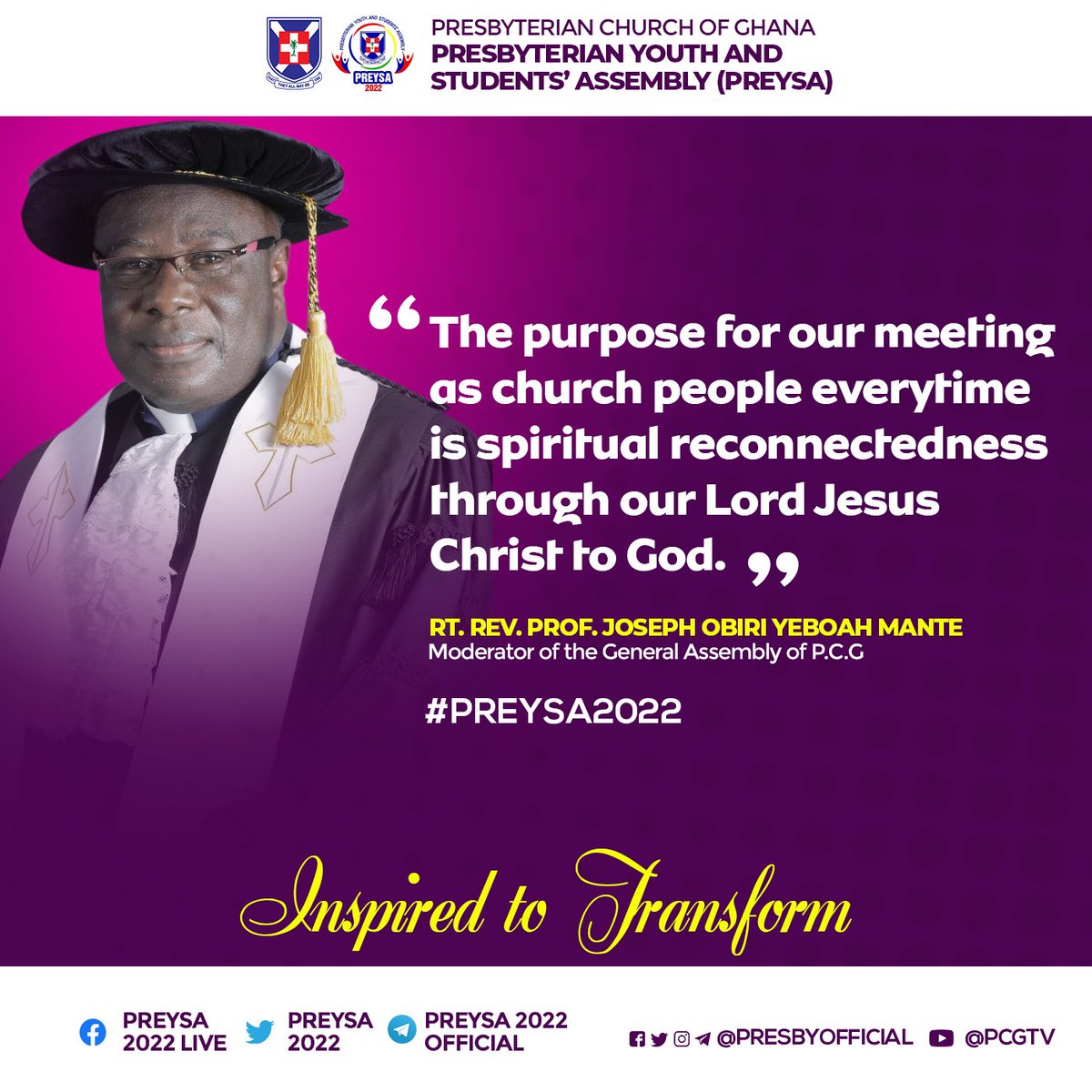 PresbyOfficial's tweet image. "The purpose for our meeting as church people everytime is spiritual reconnectedness through our Lord Jesus Christ to God."

#ModeratorQuotes
#PREYSA2022Excerpts
#InspiredtoTransform